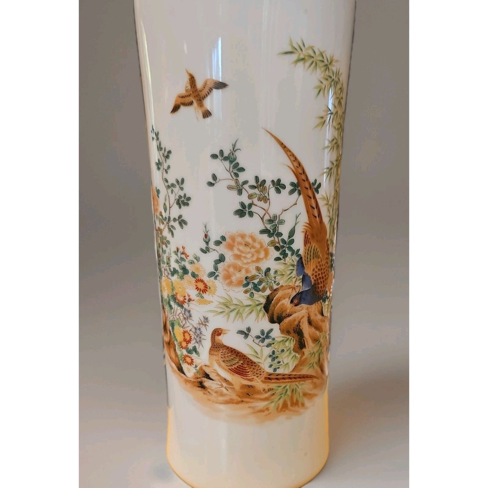 Vtg VASE Japanese Hand Painted birds & flowers 12" raised Gold Accents